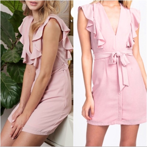 Dusty Pink Ruffle Sleeveless Tie Button Dress - Picture 5 of 8